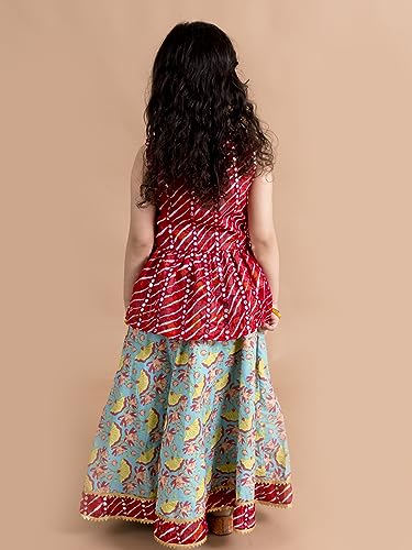 Pspeaches Girls Cotton Printed Sequinned Ready To Wear Readymade Lehenga Choli (Green)