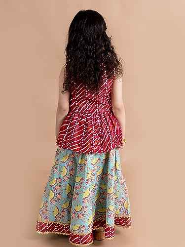 Pspeaches Girls Cotton Printed Sequinned Ready To Wear Readymade Lehenga Choli (Green)