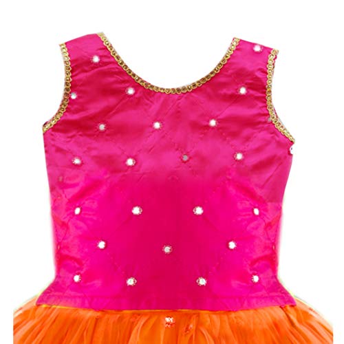 Stanwells Kids Girls Orange & Magenta Mirror Work Flared Net Sleeveless Lehenga Choli Set Pattupavadai for Girls