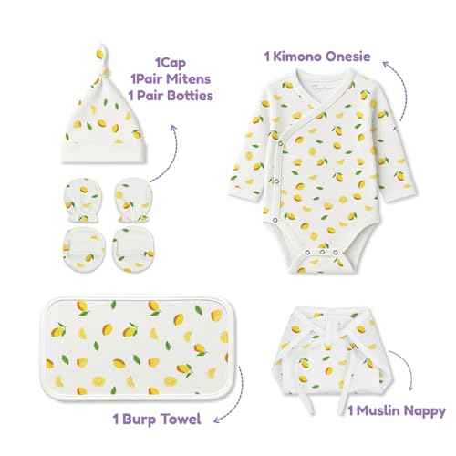 MOM'S HOME Organic Cotton New Born Baby Essentials Gift Set | Baby Shower Gift Hamper | Baby Clothing Gift Combo | Lemon | Pack of 6