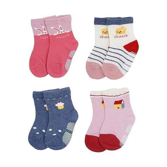 Non Slip Baby Socks for 1-3 Years – Anti Skid Cotton Socks for Toddlers | Baby Girls 12-36 Months | Crawling & Walking Socks | Pack of 4 (Girls)
