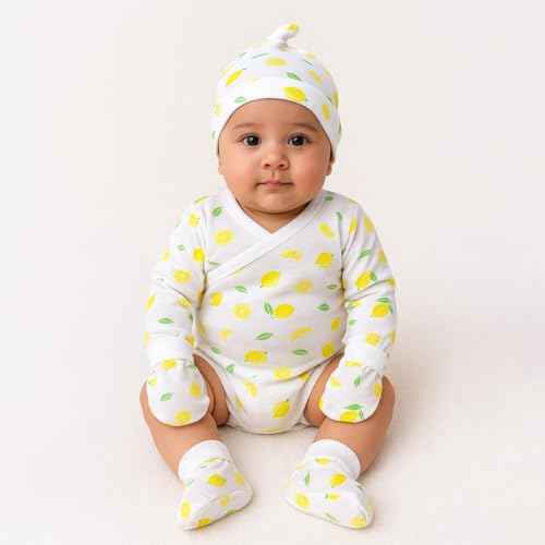 MOM'S HOME Organic Cotton New Born Baby Essentials Gift Set | Baby Shower Gift Hamper | Baby Clothing Gift Combo | Lemon | Pack of 6