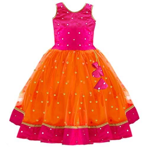Stanwells Kids Girls Orange & Magenta Mirror Work Flared Net Sleeveless Lehenga Choli Set Pattupavadai for Girls