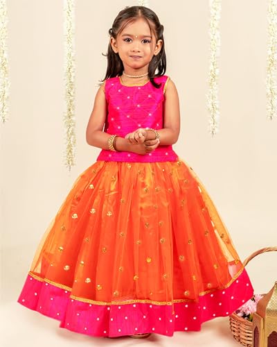 Stanwells Kids Girls Orange & Magenta Mirror Work Flared Net Sleeveless Lehenga Choli Set Pattupavadai for Girls
