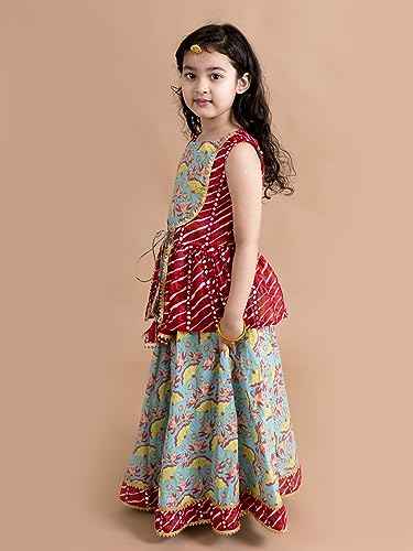 Pspeaches Girls Cotton Printed Sequinned Ready To Wear Readymade Lehenga Choli (Green)