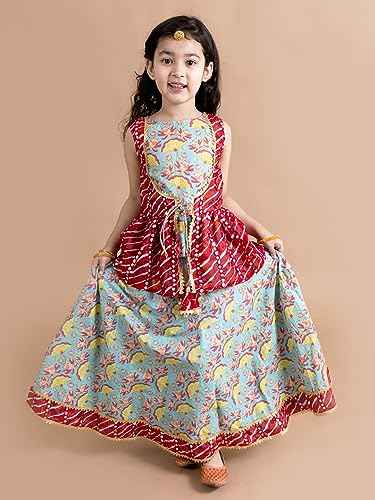 Pspeaches Girls Cotton Printed Sequinned Ready To Wear Readymade Lehenga Choli (Green)