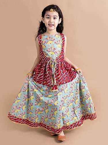 Pspeaches Girls Cotton Printed Sequinned Ready To Wear Readymade Lehenga Choli (Green)