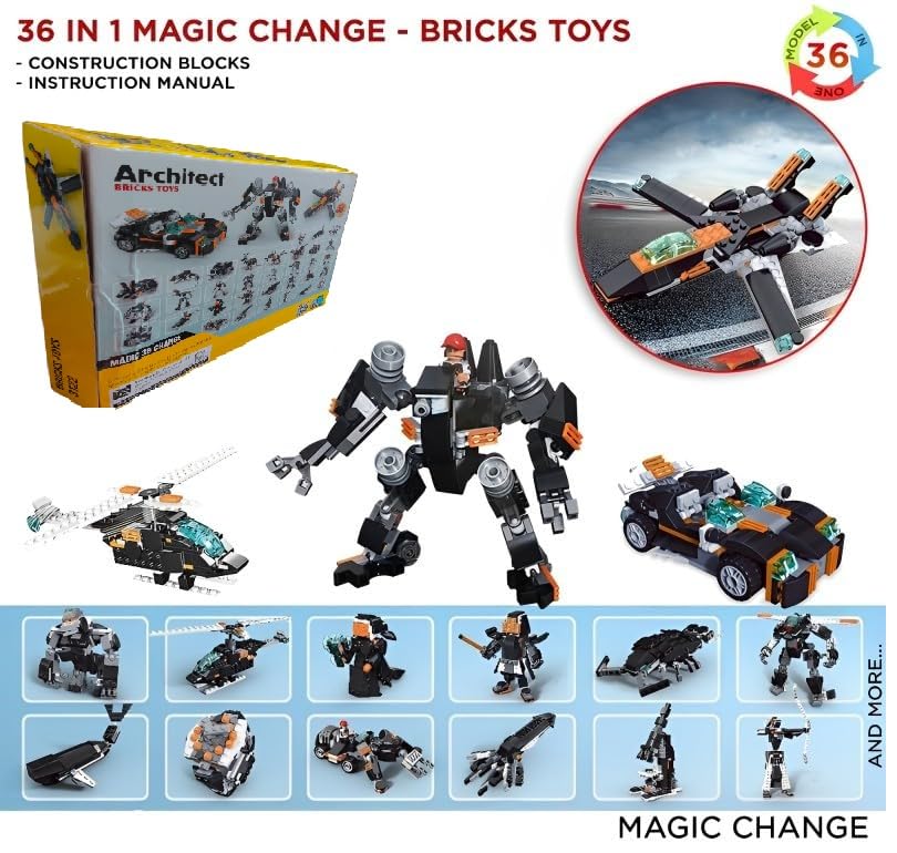 Umadiya® 36-in-1 Magic Building Blocks Set | 256+ Pieces | Creative Construction Toy for Kids | Includes Instruction Manual | Ideal for Boys & Girls Ages 6+ | DIY Brick Robot, Jet, Ship Models