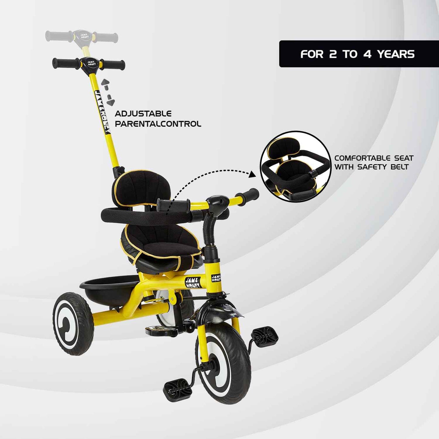 Amazon Brand - Jam & Honey Tricycle for Kids | 2-in-1 with Pedalling & Parental Control | Cushioned Seat | Guardrail & Anti-Slip Handle for Safety | for 2 Years+ Boys and Girls | Yellow and Black