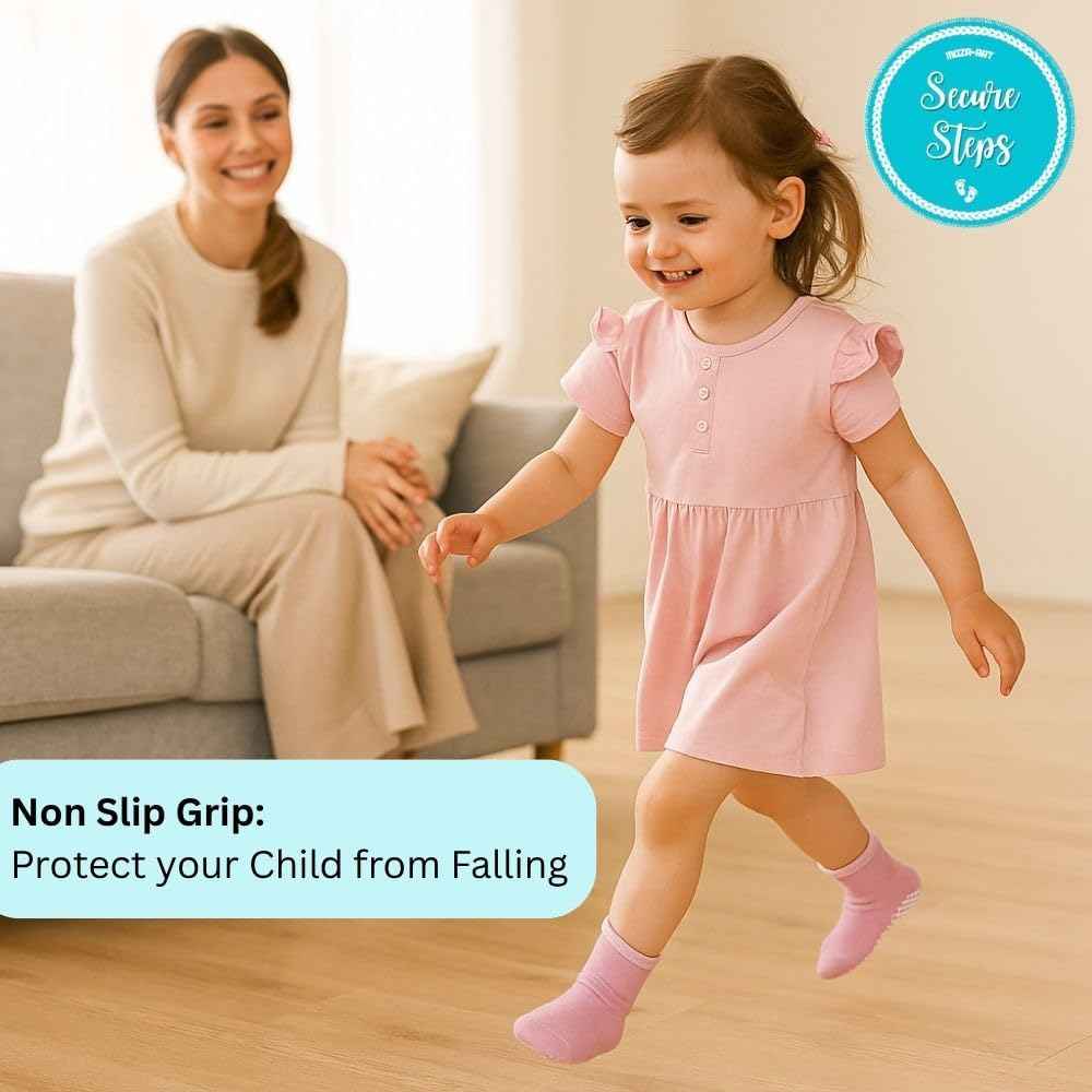 Non Slip Baby Socks for 1-3 Years – Anti Skid Cotton Socks for Toddlers | Baby Girls 12-36 Months | Crawling & Walking Socks | Pack of 4 (Girls)
