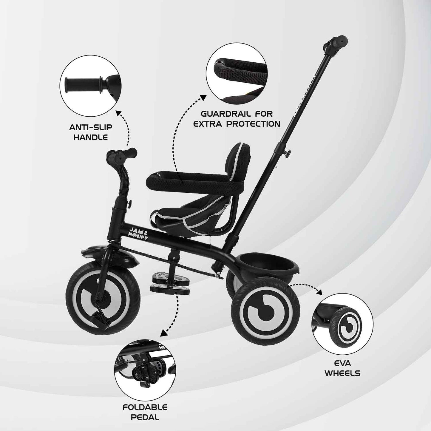 Amazon Brand - Jam & Honey Tricycle for Kids | 2-in-1 with Pedalling & Parental Control | Cushioned Seat | Guardrail & Anti-Slip Handle for Safety | for 2 Years+ Boys and Girls | Yellow and Black