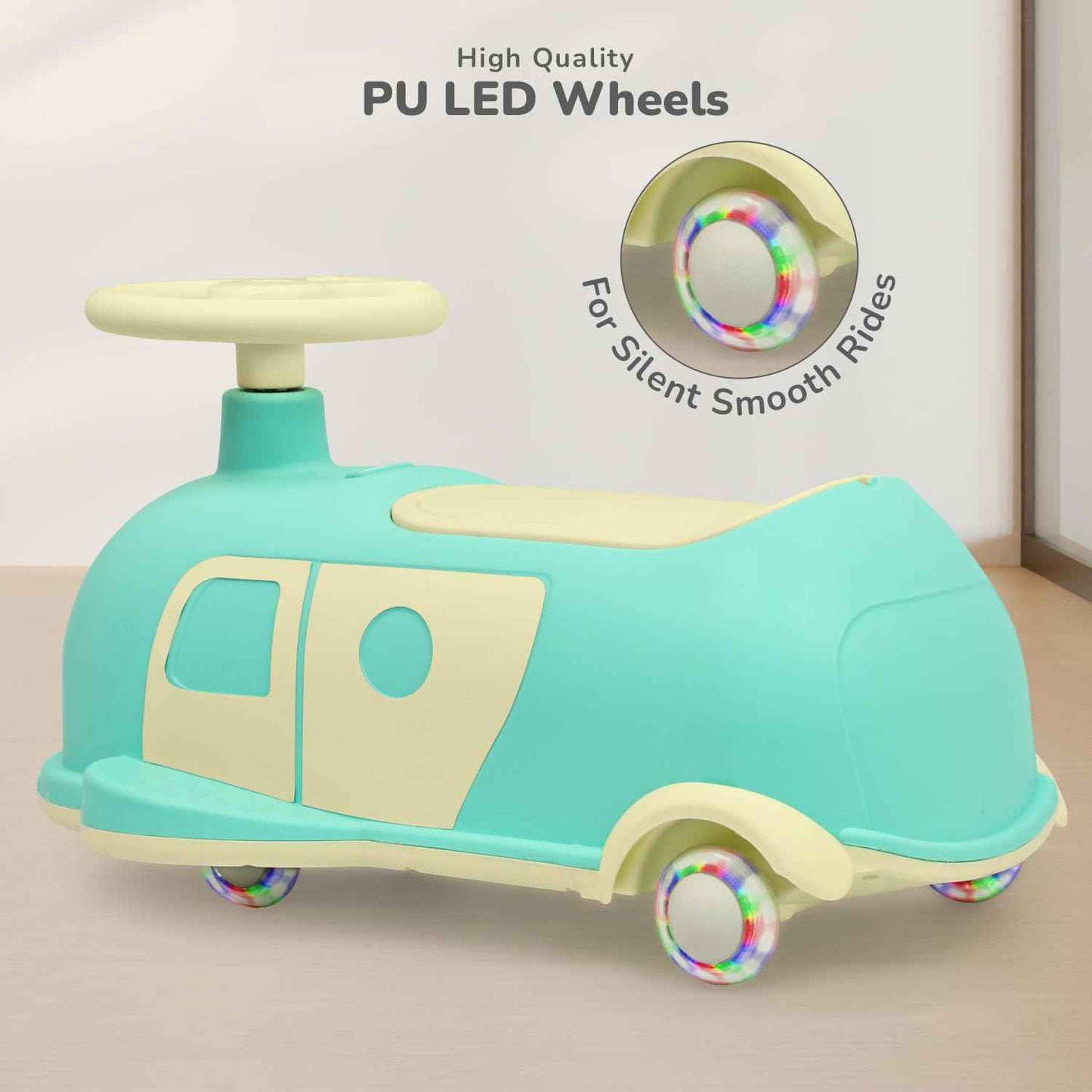 R for Rabbit Iya Iya Caravan 3 in 1 Kids Swing Car, Push & Pull Ride-On with Scratch Free PU LED Wheels & ABEC7 Bearing, Baby Twister Magic Car for 2+ Years Boys & Girls, Upto 75 Kgs (Blue Peach)