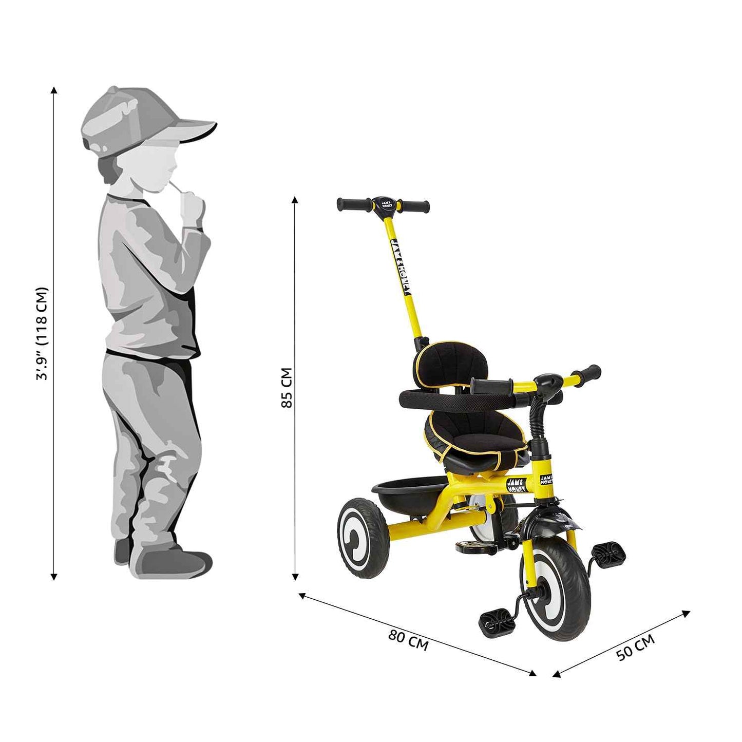 Amazon Brand - Jam & Honey Tricycle for Kids | 2-in-1 with Pedalling & Parental Control | Cushioned Seat | Guardrail & Anti-Slip Handle for Safety | for 2 Years+ Boys and Girls | Yellow and Black