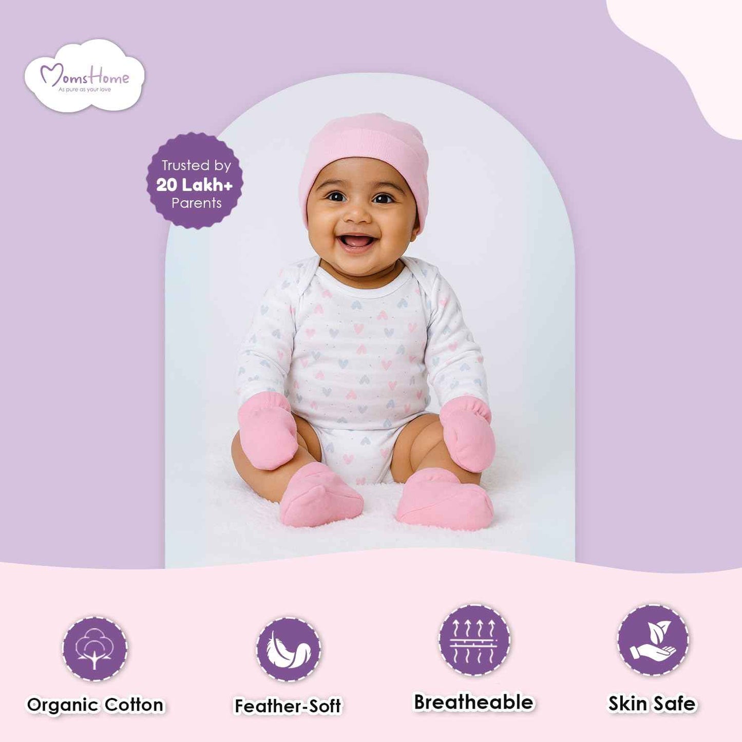 MOM'S HOME Organic Cotton New Born Baby Essentials Gift Set | Baby Shower Gift Hamper | Baby Clothing Gift Combo | Little Hearts | Pack of 7