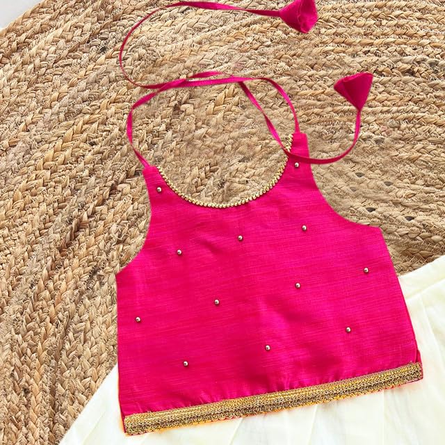 Stanwells Kids Girls Orange & Magenta Mirror Work Flared Net Sleeveless Lehenga Choli Set Pattupavadai for Girls