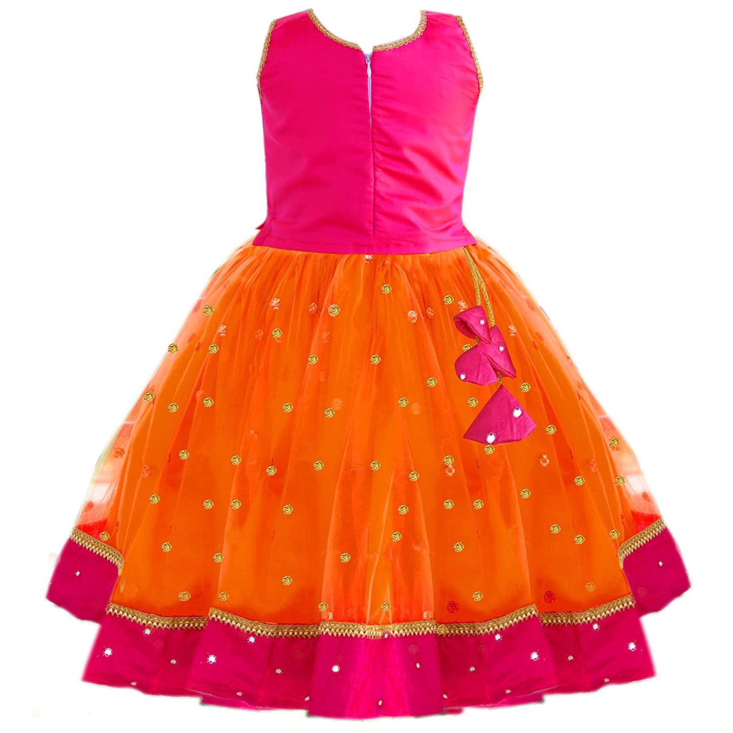 Stanwells Kids Girls Orange & Magenta Mirror Work Flared Net Sleeveless Lehenga Choli Set Pattupavadai for Girls