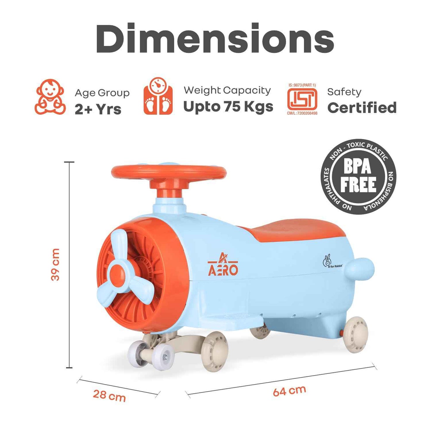 R for Rabbit Iya Iya Aero Kids Swing Car, Scratch Free PU LED Wheels with ABEC7 Bearing, Baby Ride on Magic Toy Panda Car for 2+ Years Boys & Girls, Upto 75 Kgs (Blue Orange)