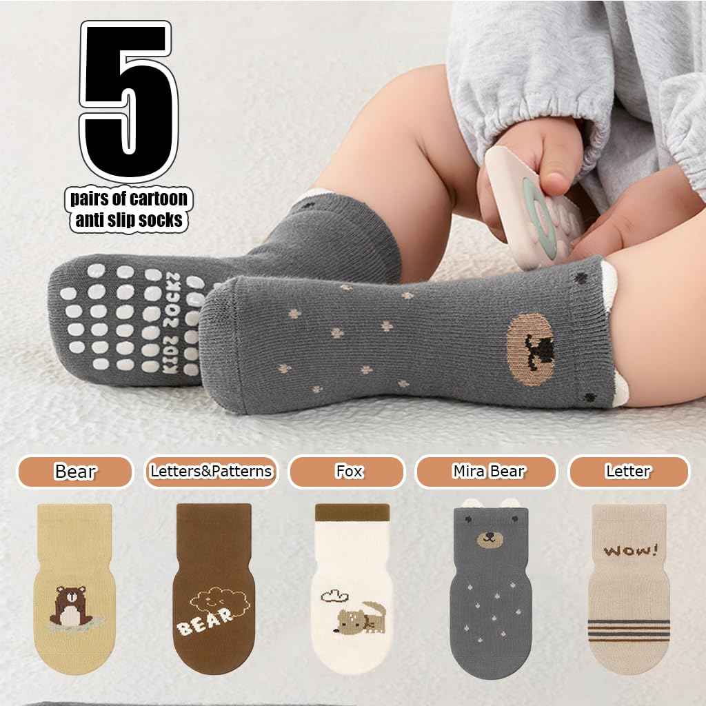 SNOWIE SOFT® 5 Pairs Baby Socks Set, Antislip Socks for New Born Baby 0-3 Years, Non Slip Grip Ankle Socks with Non Skid Soles for Infants Baby Shower Gifts