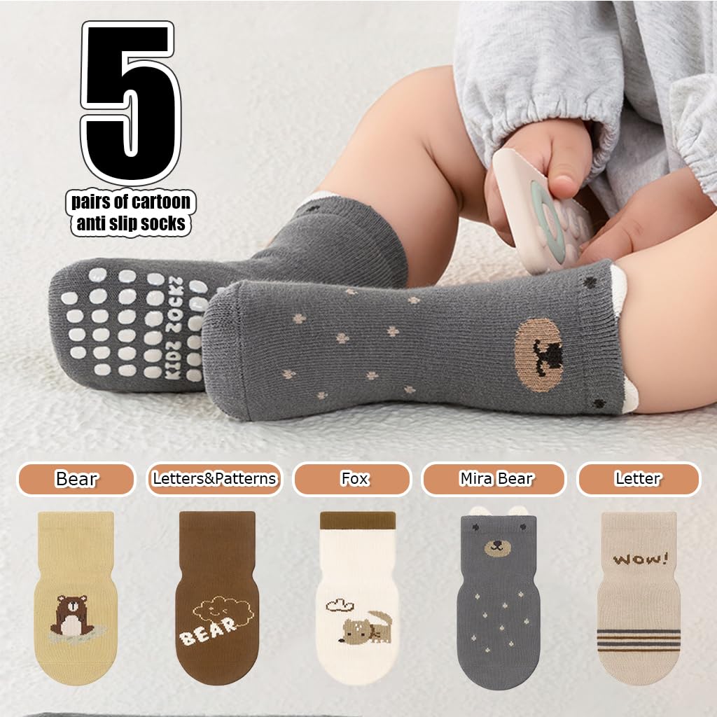 SNOWIE SOFT® 5 Pairs Baby Socks Set, Antislip Socks for New Born Baby 0-3 Years, Non Slip Grip Ankle Socks with Non Skid Soles for Infants Baby Shower Gifts