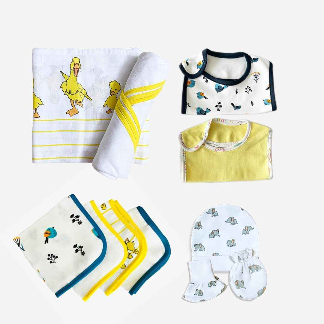 TINYLANE - Curated For You! Newborn Baby Products Gift Set (13 Pcs), Essential Clothing Gift Kit For Infants Of 0-3 Years, Swaddles, Bibs, Cap, Booties, Mittens & Washcloths, Ideal Baby Shower Gift Pack