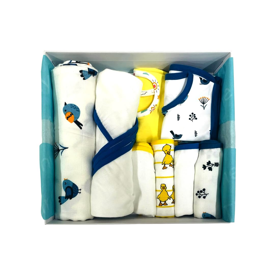 TINYLANE - Curated For You! Newborn Baby Products Gift Set (13 Pcs), Essential Clothing Gift Kit For Infants Of 0-3 Years, Swaddles, Bibs, Cap, Booties, Mittens & Washcloths, Ideal Baby Shower Gift Pack