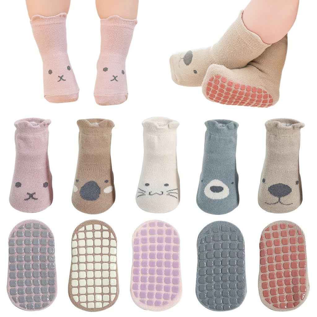 SNOWIE SOFT® 5 Pairs Baby Socks Set, Antislip Socks for New Born Baby 0-3 Years, Non Slip Grip Ankle Socks with Non Skid Soles for Infants Baby Shower Gifts