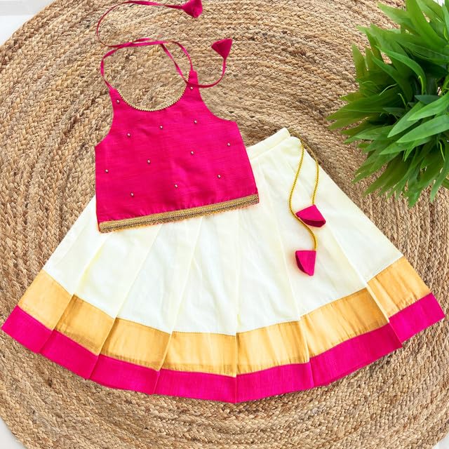 Stanwells Kids Girls Orange & Magenta Mirror Work Flared Net Sleeveless Lehenga Choli Set Pattupavadai for Girls