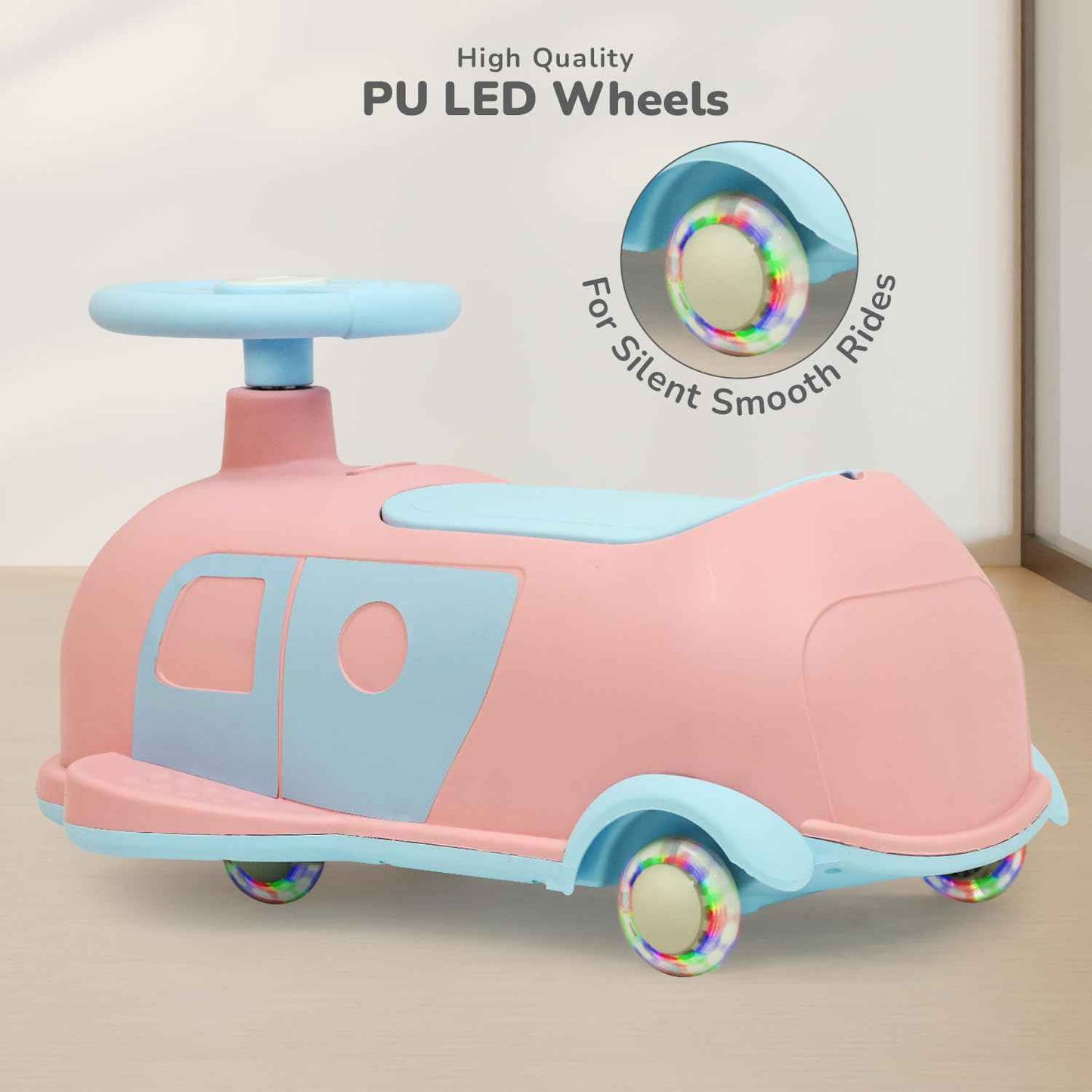 R for Rabbit Iya Iya Caravan 3 in 1 Kids Swing Car, Push & Pull Ride-On with Scratch Free PU LED Wheels & ABEC7 Bearing, Baby Twister Magic Car for 2+ Years Boys & Girls, Upto 75 Kgs (Blue Peach)