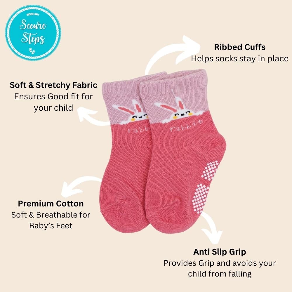 Non Slip Baby Socks for 1-3 Years – Anti Skid Cotton Socks for Toddlers | Baby Girls 12-36 Months | Crawling & Walking Socks | Pack of 4 (Girls)