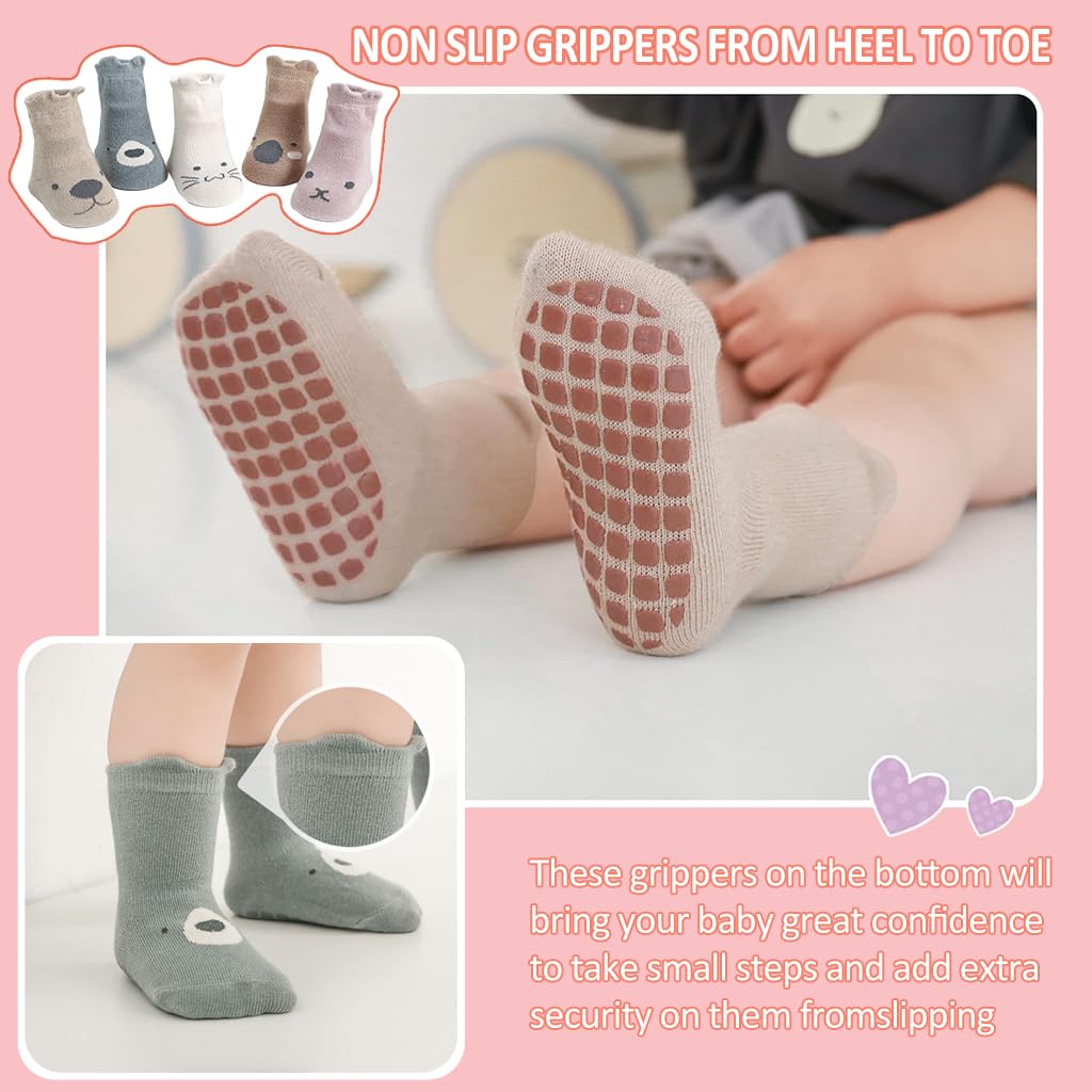 SNOWIE SOFT® 5 Pairs Baby Socks Set, Antislip Socks for New Born Baby 0-3 Years, Non Slip Grip Ankle Socks with Non Skid Soles for Infants Baby Shower Gifts
