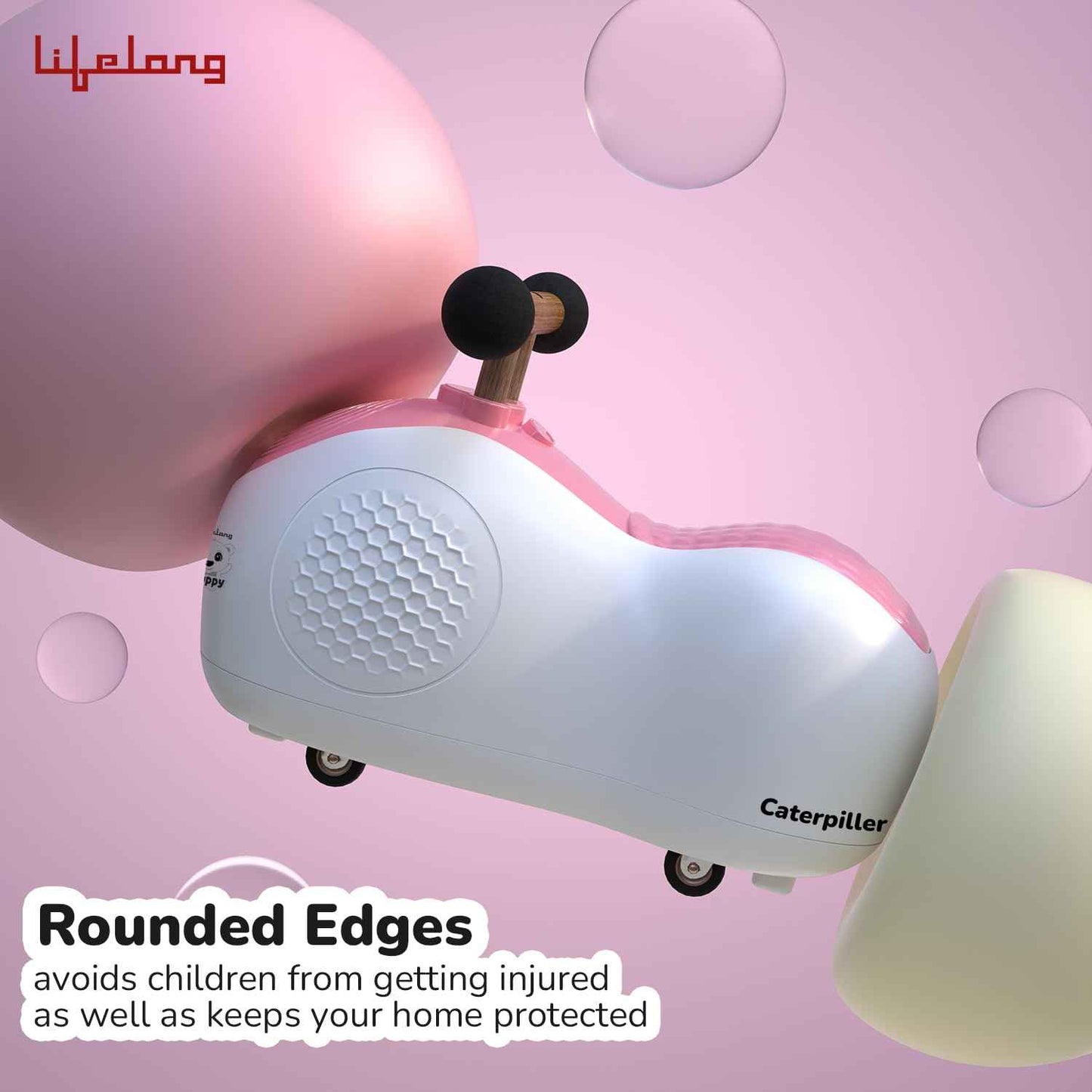 Lifelong Cuppy Caterpillar Ride-On for Kids 1+ Years|Fun Musical Ride with Lights|Safe,Sturdy & Round Edges Push Ride|Load Capacity 35kg|Indoor & Outdoor Play Vehicle for Boys & Girls(LLCR18),Pink