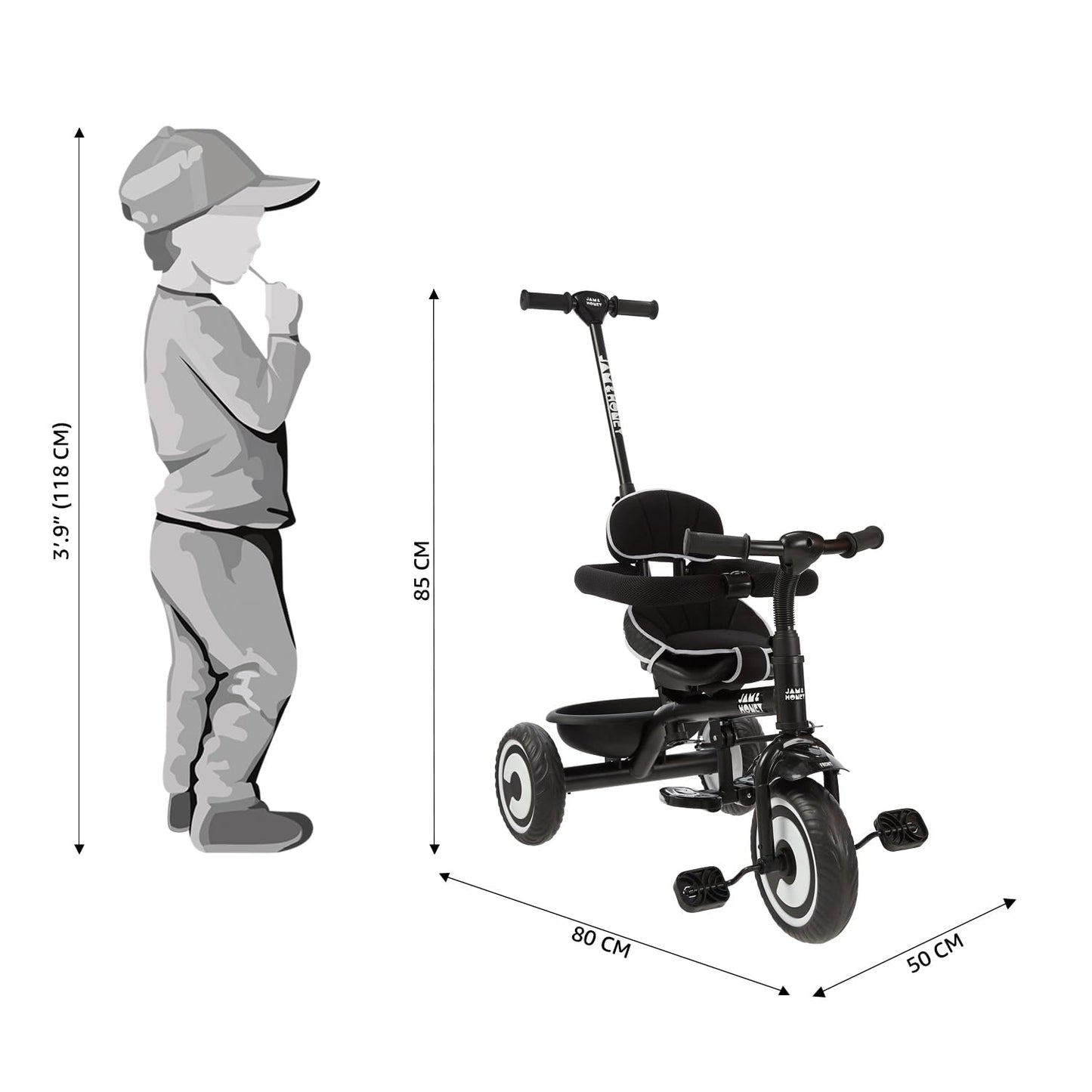 Amazon Brand - Jam & Honey Tricycle for Kids | 2-in-1 with Pedalling & Parental Control | Cushioned Seat | Guardrail & Anti-Slip Handle for Safety | for 2 Years+ Boys and Girls | Yellow and Black