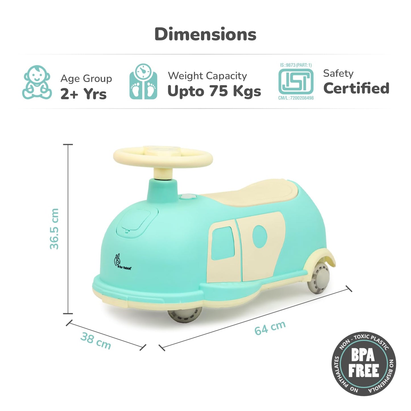 R for Rabbit Iya Iya Caravan 3 in 1 Kids Swing Car, Push & Pull Ride-On with Scratch Free PU LED Wheels & ABEC7 Bearing, Baby Twister Magic Car for 2+ Years Boys & Girls, Upto 75 Kgs (Blue Peach)