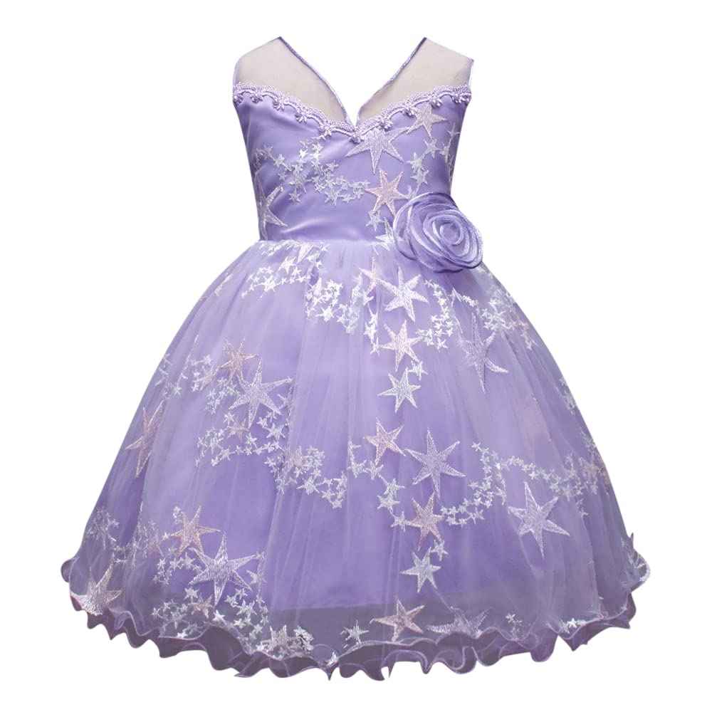 Hopscotch Girl's Fit And Flare Knee Length Sleeveless Star Embroidered Party Dress