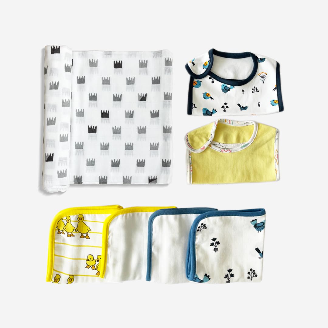 TINYLANE - Curated For You! Newborn Baby Products Gift Set (13 Pcs), Essential Clothing Gift Kit For Infants Of 0-3 Years, Swaddles, Bibs, Cap, Booties, Mittens & Washcloths, Ideal Baby Shower Gift Pack