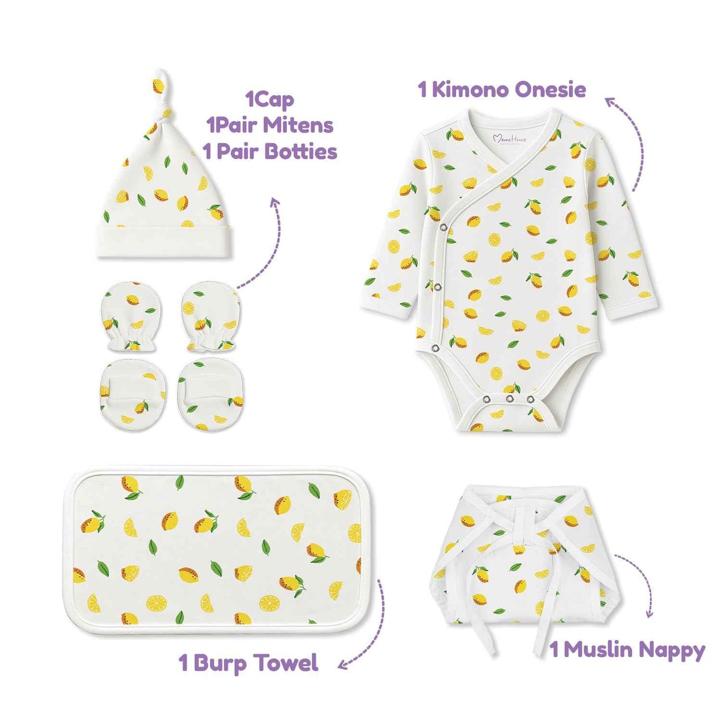 MOM'S HOME Organic Cotton New Born Baby Essentials Gift Set | Baby Shower Gift Hamper | Baby Clothing Gift Combo | Lemon | Pack of 6
