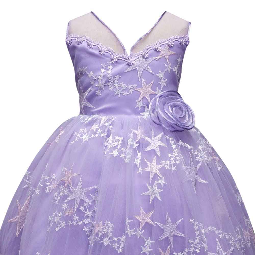 Hopscotch Girl's Fit And Flare Knee Length Sleeveless Star Embroidered Party Dress
