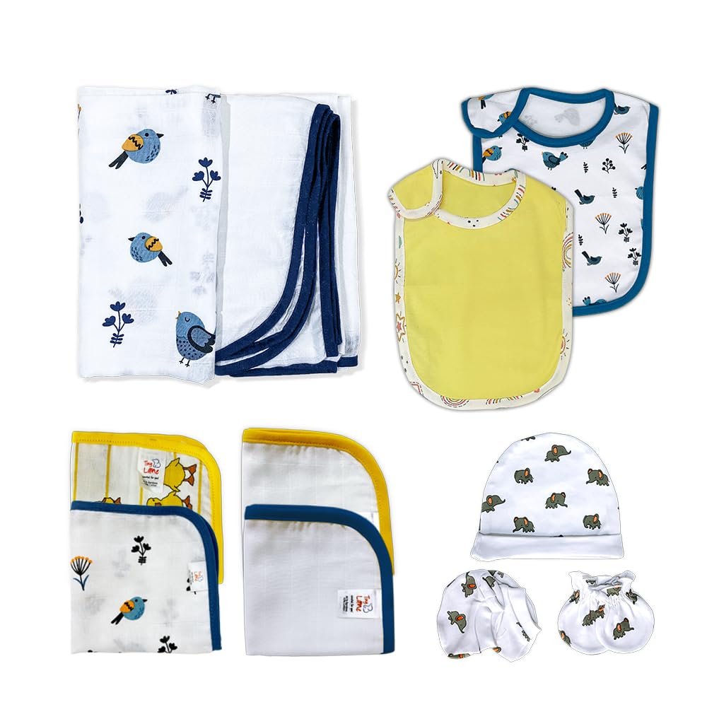 TINYLANE - Curated For You! Newborn Baby Products Gift Set (13 Pcs), Essential Clothing Gift Kit For Infants Of 0-3 Years, Swaddles, Bibs, Cap, Booties, Mittens & Washcloths, Ideal Baby Shower Gift Pack