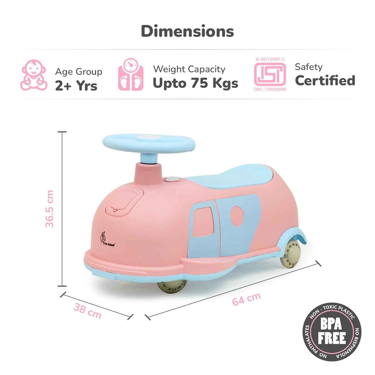 R for Rabbit Iya Iya Caravan 3 in 1 Kids Swing Car, Push & Pull Ride-On with Scratch Free PU LED Wheels & ABEC7 Bearing, Baby Twister Magic Car for 2+ Years Boys & Girls, Upto 75 Kgs (Blue Peach)