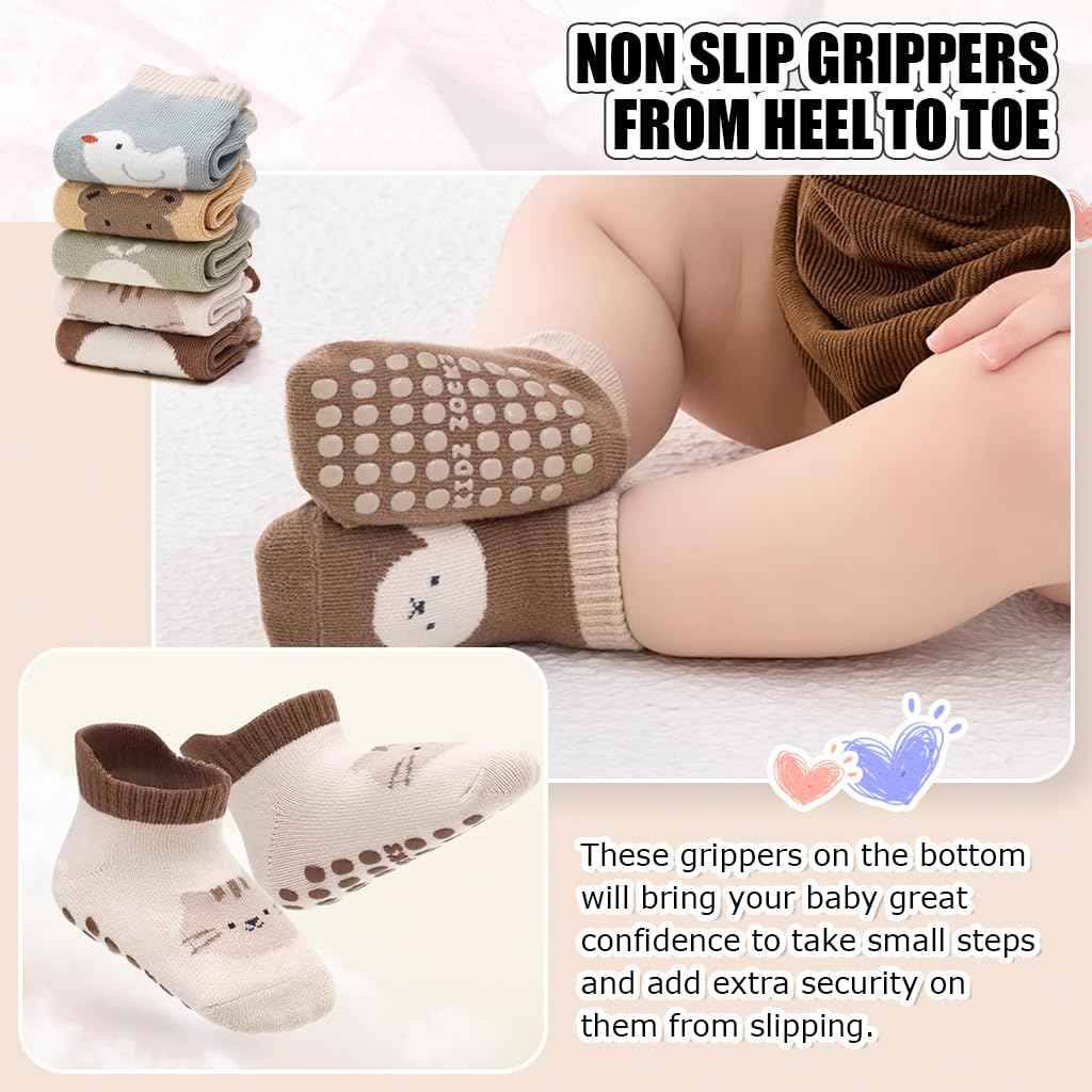 SNOWIE SOFT® 5 Pairs Baby Socks Set, Antislip Socks for New Born Baby 0-3 Years, Non Slip Grip Ankle Socks with Non Skid Soles for Infants Baby Shower Gifts