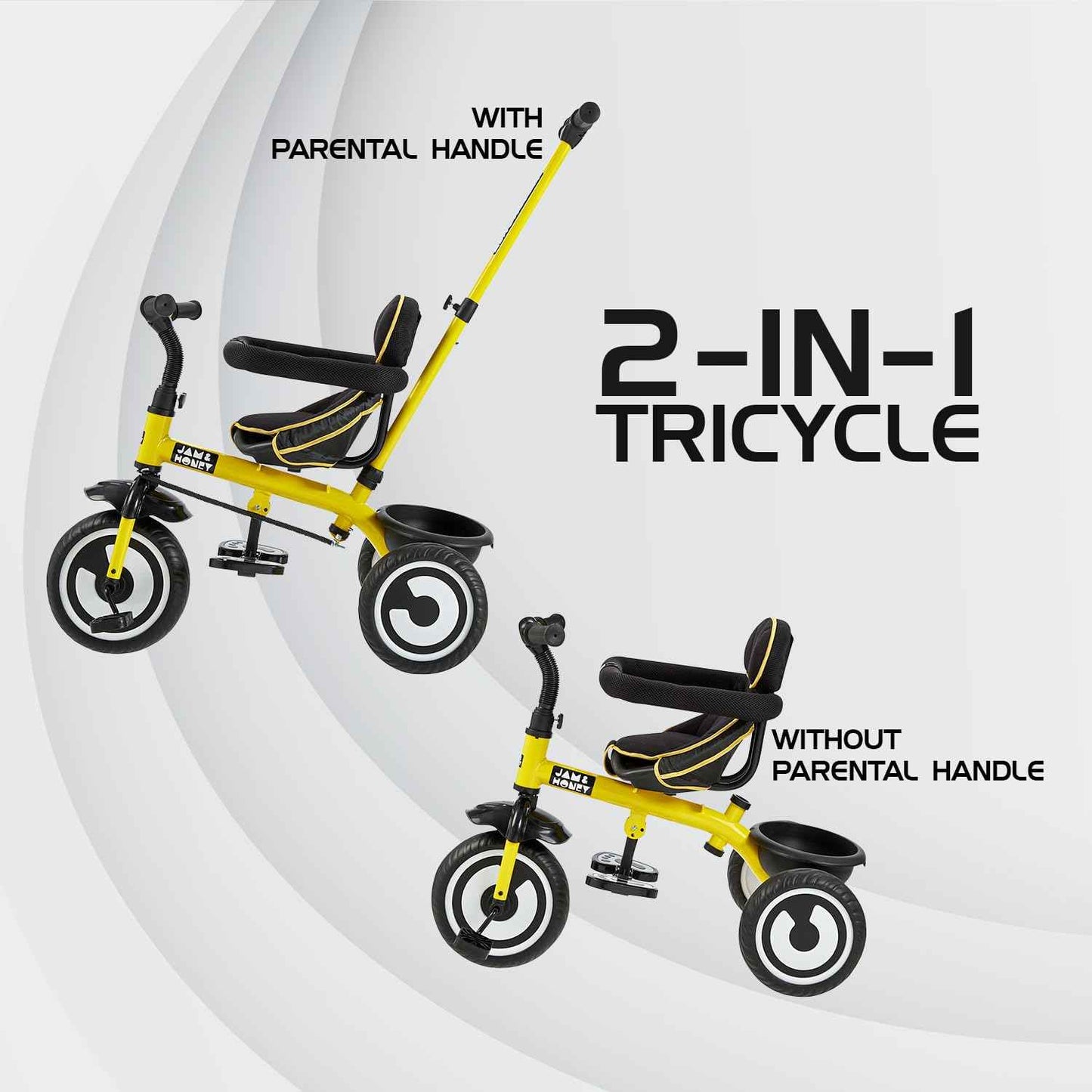 Amazon Brand - Jam & Honey Tricycle for Kids | 2-in-1 with Pedalling & Parental Control | Cushioned Seat | Guardrail & Anti-Slip Handle for Safety | for 2 Years+ Boys and Girls | Yellow and Black