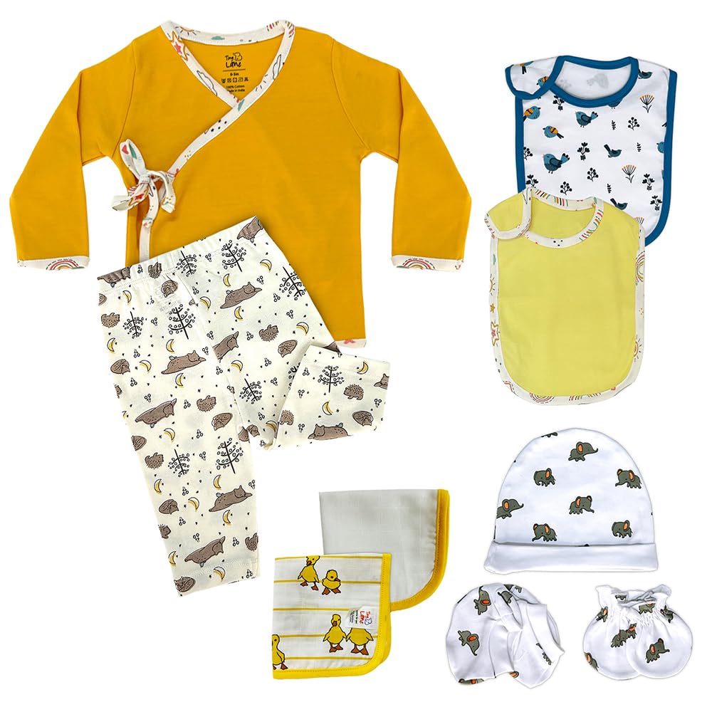 TINYLANE - Curated For You! Newborn Baby Products Gift Set (13 Pcs), Essential Clothing Gift Kit For Infants Of 0-3 Years, Swaddles, Bibs, Cap, Booties, Mittens & Washcloths, Ideal Baby Shower Gift Pack