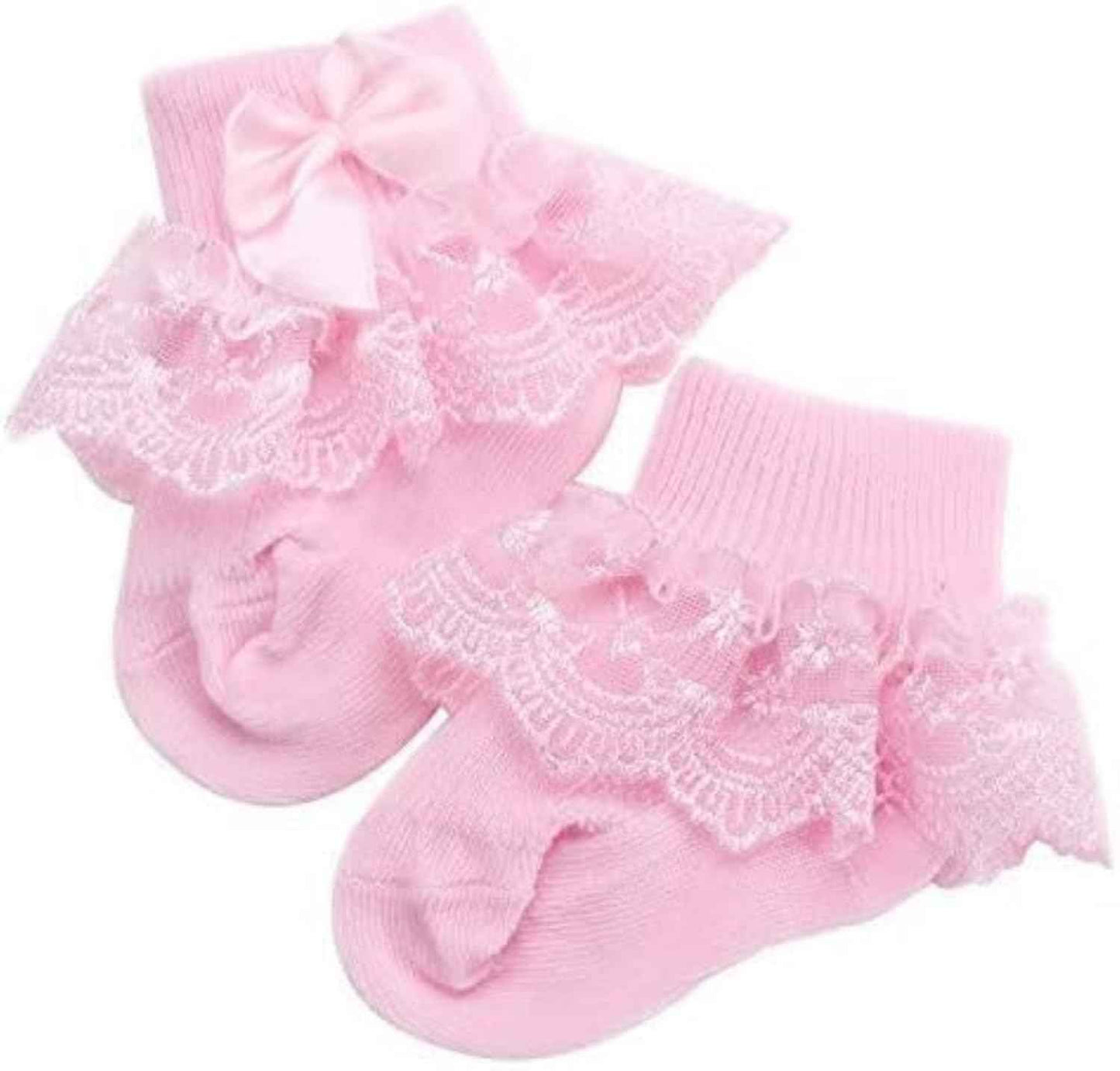 Baby Girls Soft Cotton Lace Ankle Socks - Multicolor Frilly Socks with Bows & Flowers | Pack of 3 | Newborn to 12 Months | Cute Infant Socks for Party