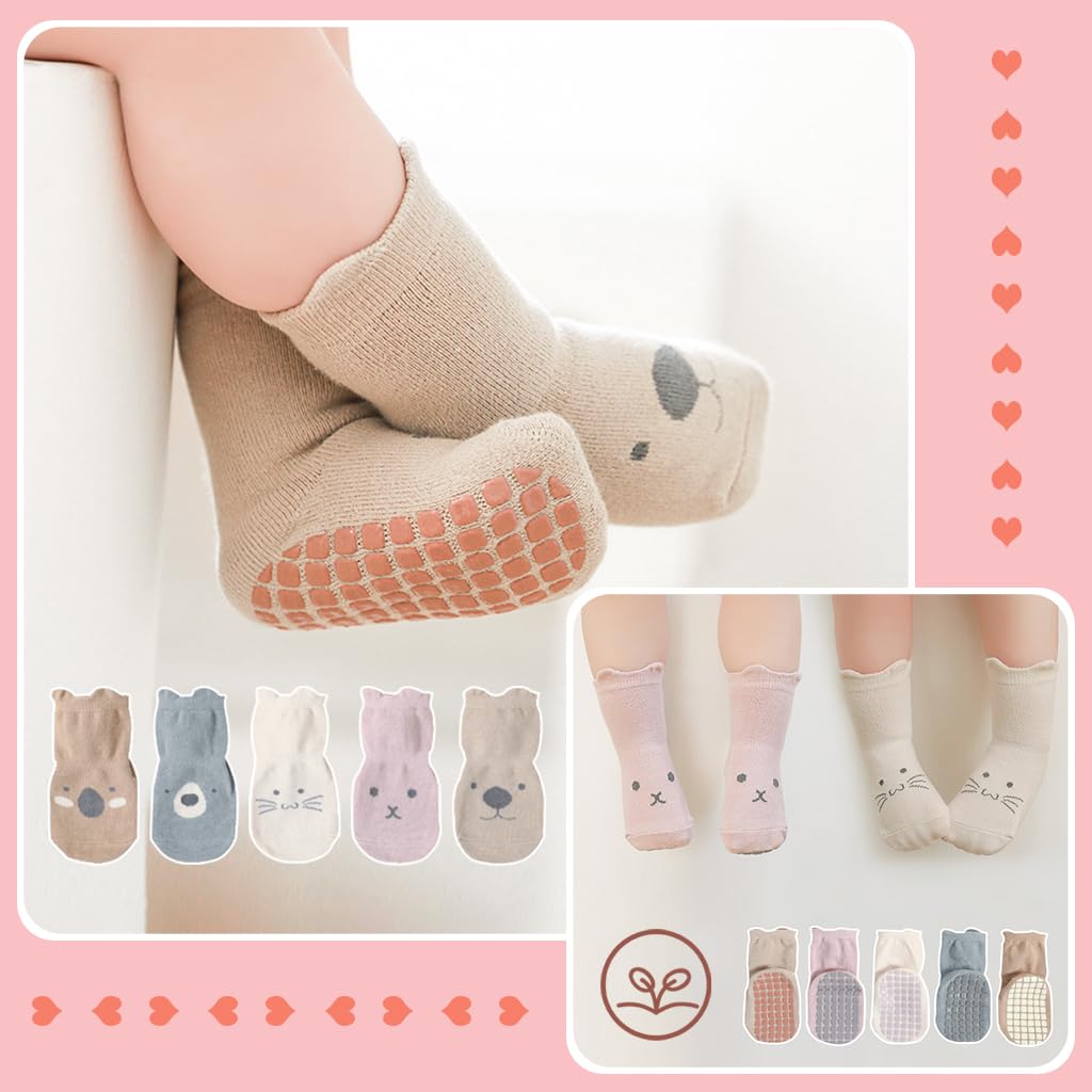 SNOWIE SOFT® 5 Pairs Baby Socks Set, Antislip Socks for New Born Baby 0-3 Years, Non Slip Grip Ankle Socks with Non Skid Soles for Infants Baby Shower Gifts