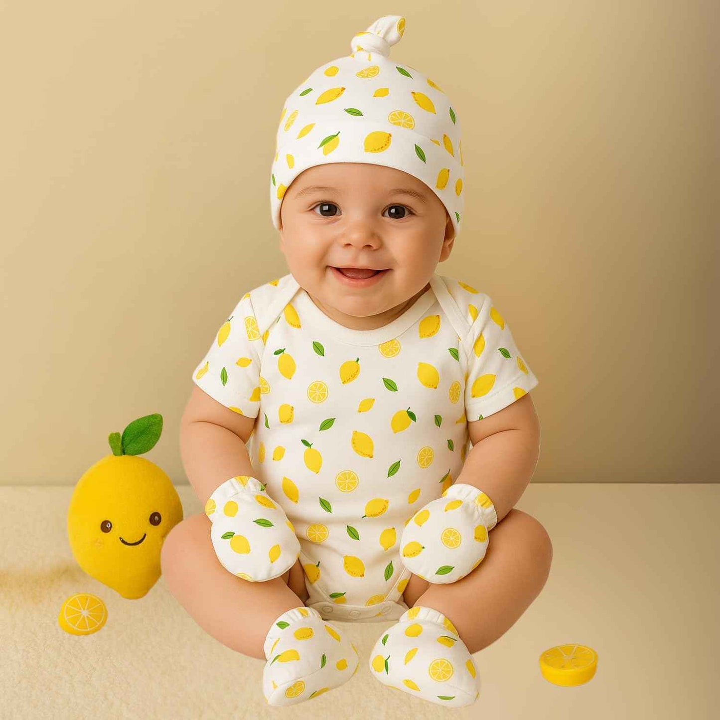 MOM'S HOME Organic Cotton Baby Essentials Gift Set | Baby Shower Gift Hamper | Baby Clothing Gift Combo | Lemon | Pack of 7
