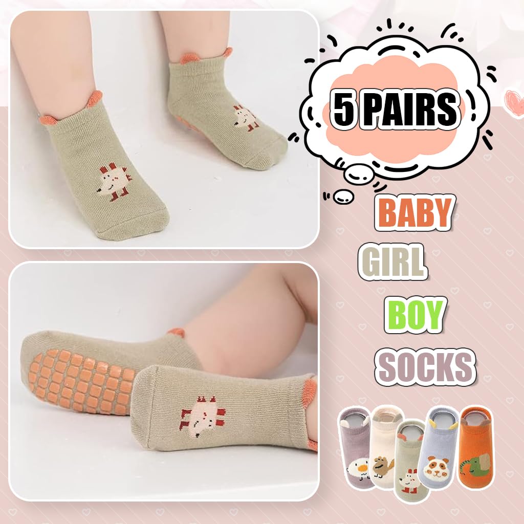 SNOWIE SOFT® 5 Pairs Baby Socks Set, Antislip Socks for New Born Baby 0-3 Years, Non Slip Grip Ankle Socks with Non Skid Soles for Infants Baby Shower Gifts