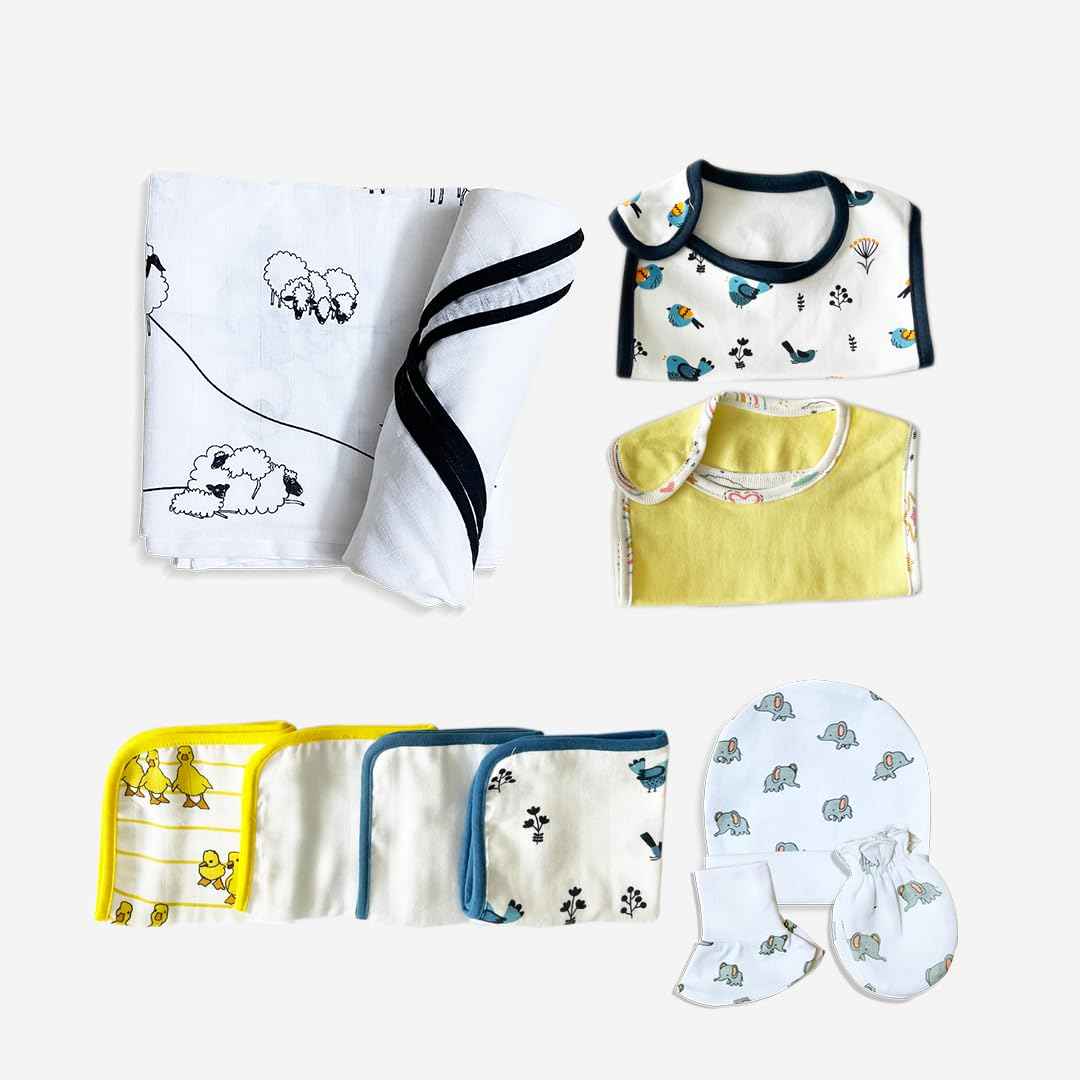TINYLANE - Curated For You! Newborn Baby Products Gift Set (13 Pcs), Essential Clothing Gift Kit For Infants Of 0-3 Years, Swaddles, Bibs, Cap, Booties, Mittens & Washcloths, Ideal Baby Shower Gift Pack