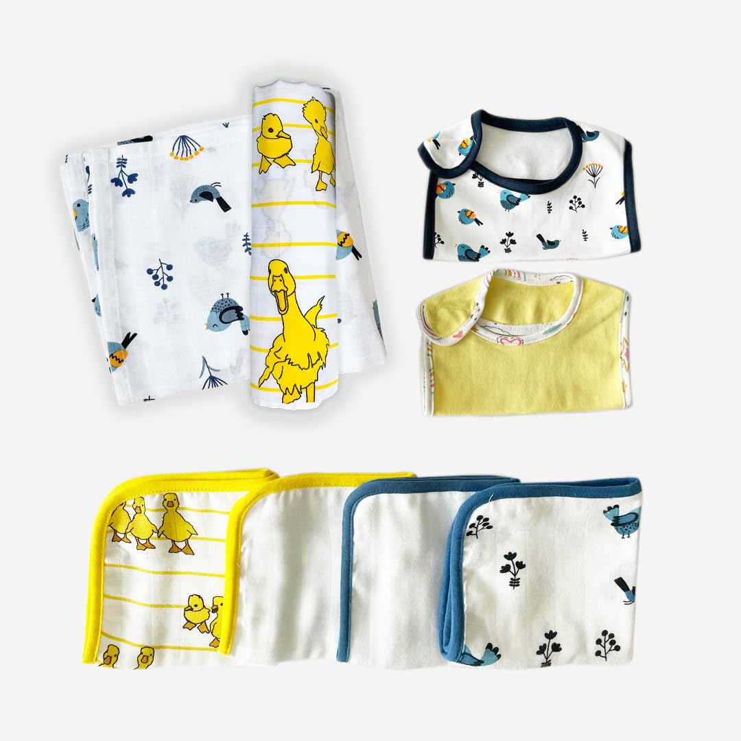 TINYLANE - Curated For You! Newborn Baby Products Gift Set (13 Pcs), Essential Clothing Gift Kit For Infants Of 0-3 Years, Swaddles, Bibs, Cap, Booties, Mittens & Washcloths, Ideal Baby Shower Gift Pack