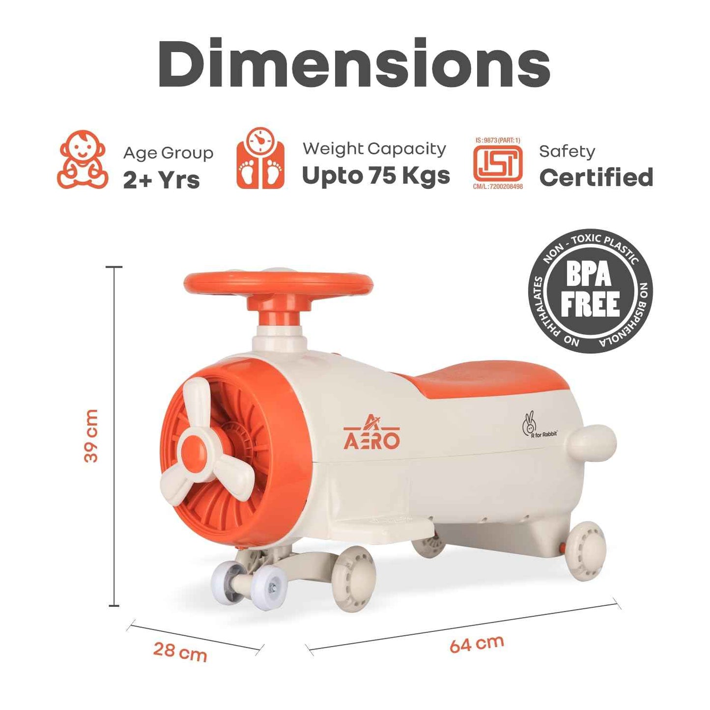 R for Rabbit Iya Iya Aero Kids Swing Car, Scratch Free PU LED Wheels with ABEC7 Bearing, Baby Ride on Magic Toy Panda Car for 2+ Years Boys & Girls, Upto 75 Kgs (Blue Orange)