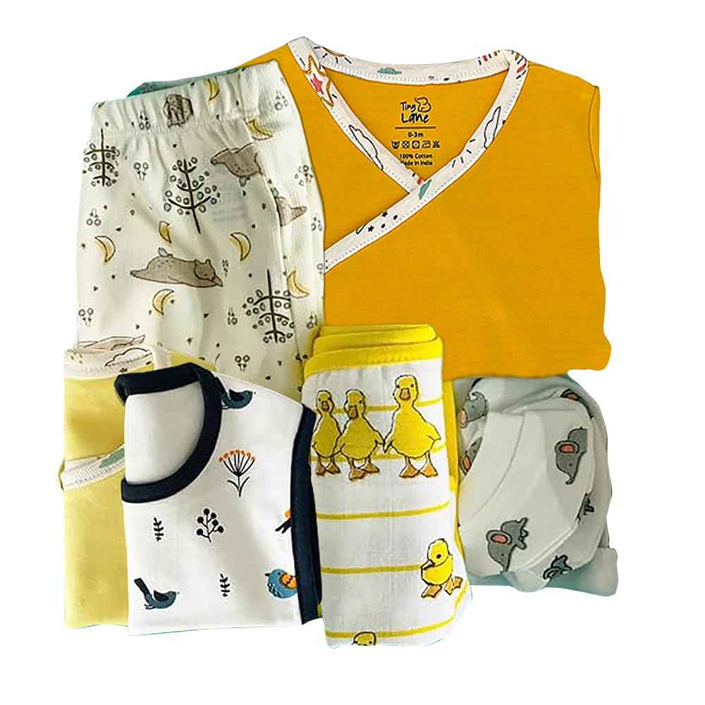 TINYLANE - Curated For You! Newborn Baby Products Gift Set (13 Pcs), Essential Clothing Gift Kit For Infants Of 0-3 Years, Swaddles, Bibs, Cap, Booties, Mittens & Washcloths, Ideal Baby Shower Gift Pack